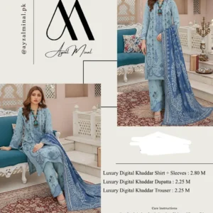 Blue Printed Khaddar 3-Piece Suit for Women