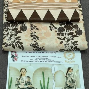 Stylish Brown Floral Printed 3-Piece Khaddar Suit