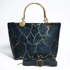 Girls Velvet Printed Handbag Blue 10x5x8″